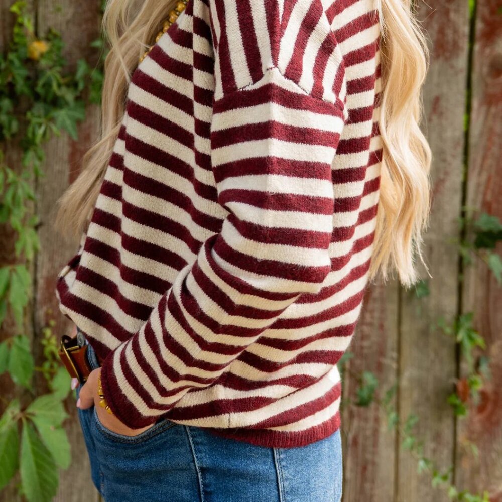 Betsey's Boutique Burgundy and Cream Striped Cardigan - Picture 2 of 11